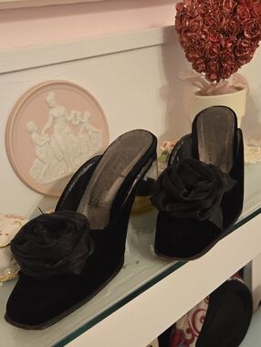 Beverly Feldman Black Velvet Slide Mules with Rosette